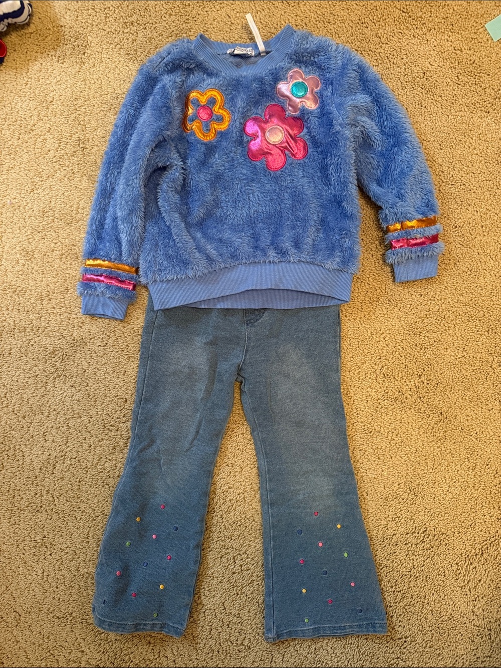 Flapdoodles Blue Cozy Bohemian Floral Applique Sweater Set